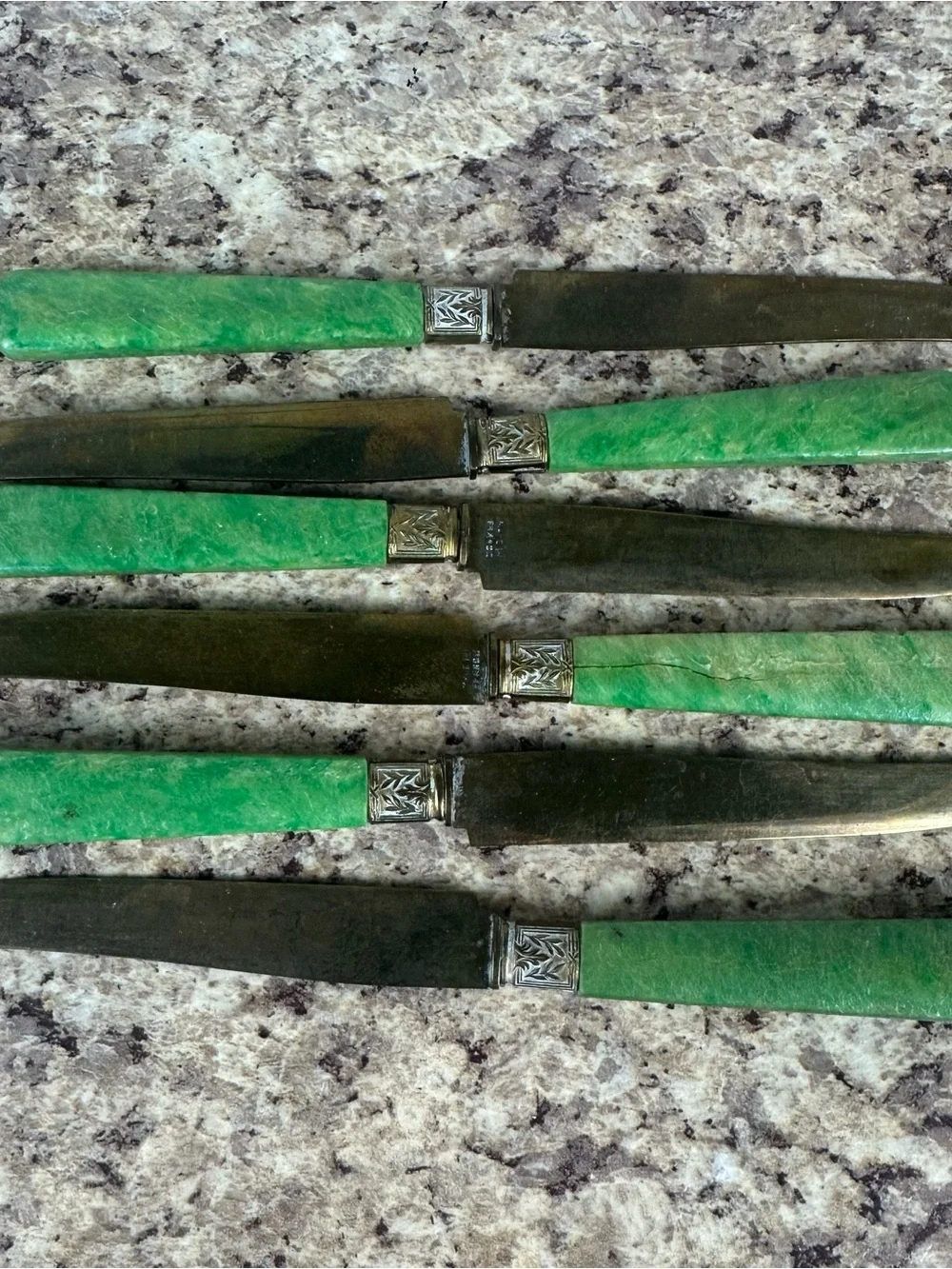 Set of 12 Antique French Vermeil Green Handle Fruit Service Flatware Fork Knife